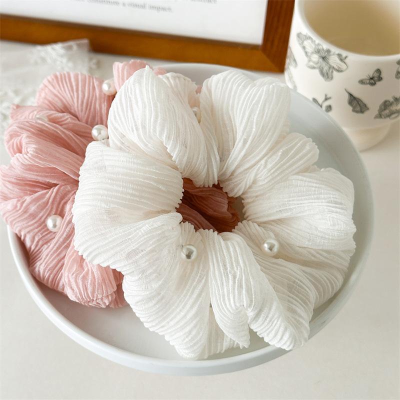 Pleated Texture Pearl Inlaid Large Hair Scrunchies Elegant White Pink Black Elastic Headbands Wedding Guest Hair Decor