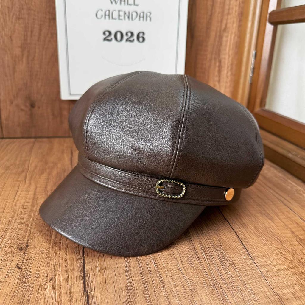 European and American retro PU leather octagonal hat children's autumn and winter fashion versatile newsboy hat elegant temperament cap new