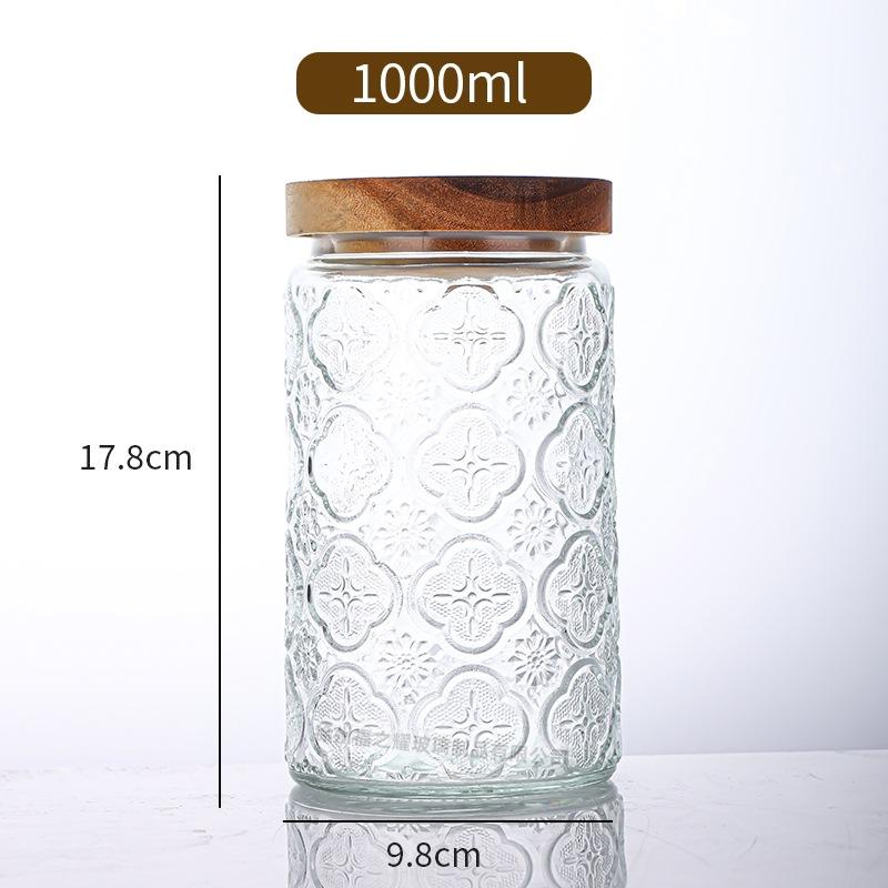 Ancient Peony Flower Relief Transparent Glass Storage Jar for Snacks, Tea Sealed Jar, Kitchen Storage Glass Bottle