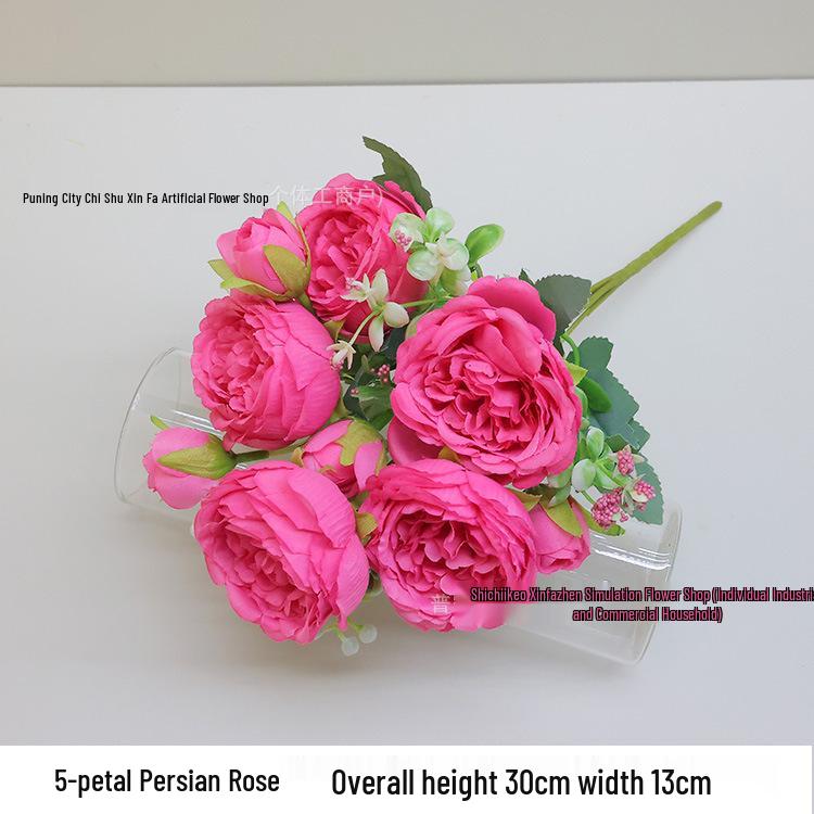 5-Head Peony & Persian Rose Artificial Flowers - Small Bunch for Home or Wedding Decor