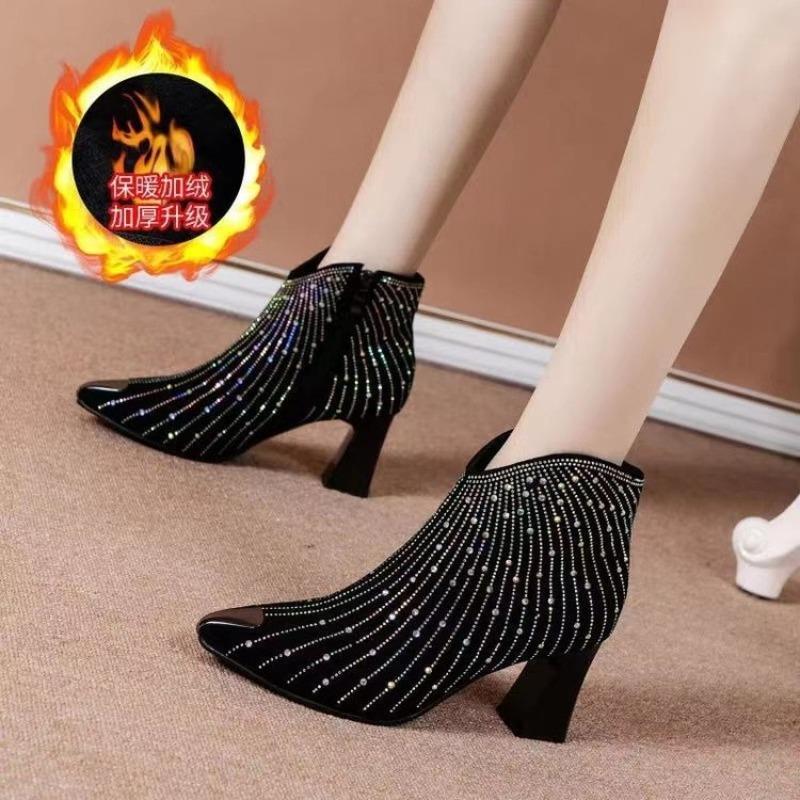 Gypsy rhinestone short boots women's autumn and winter new pointed anti-collision high heels fashion boots side zipper Martin boots