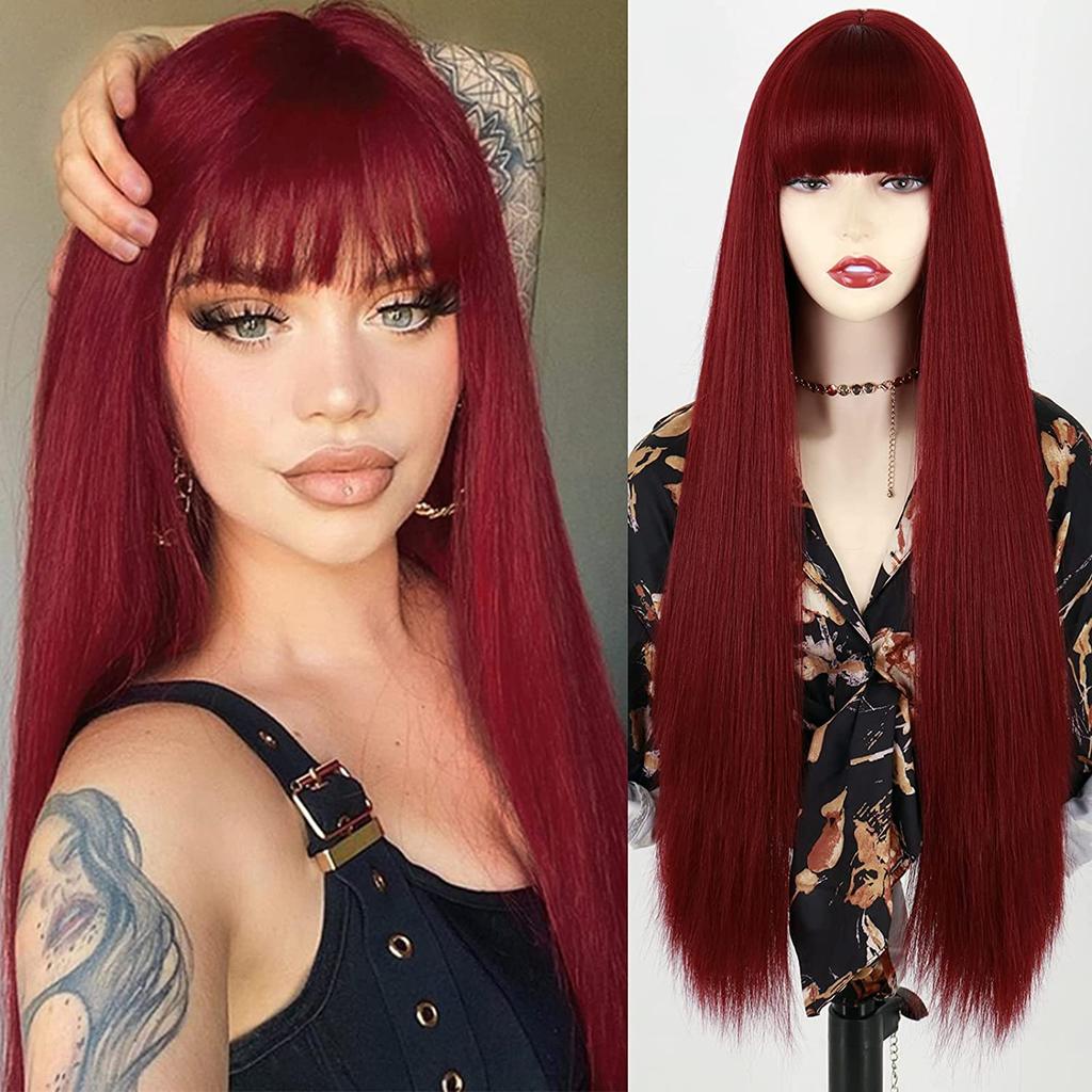 XINRAN Lange gerade weinrote Perücke mit Pony, synthetische Perücken für Frauen, hitzebeständiges Naturhaar für die tägliche Halloween-Cosplay-Party