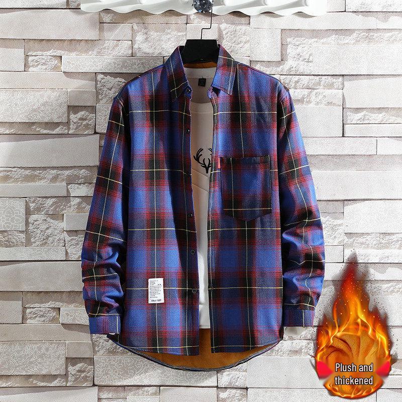 Men's Slim-Fit Fleece-Lined Plaid Button-Down Shirt - Korean Style Warm Casual Top