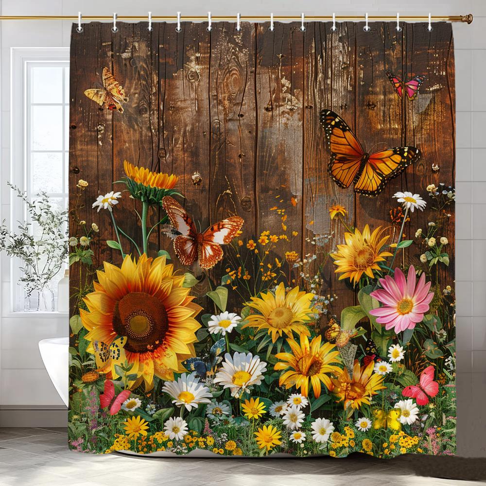 Flowers And Butterflies On Retro Wooden Boards Shower Curtain, Bathroom Shower Curtain, Waterproof Shower Curtain With Hooks