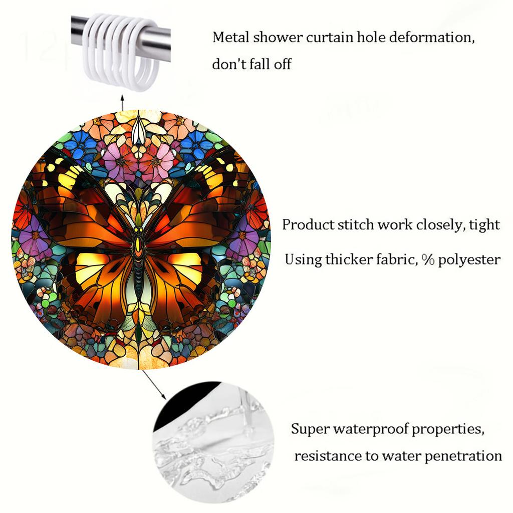 1 Piece Of Exquisite Glass Enamel Butterfly Digital Print Shower Curtain, Machine Washable, Bright Butterfly And Floral Pattern