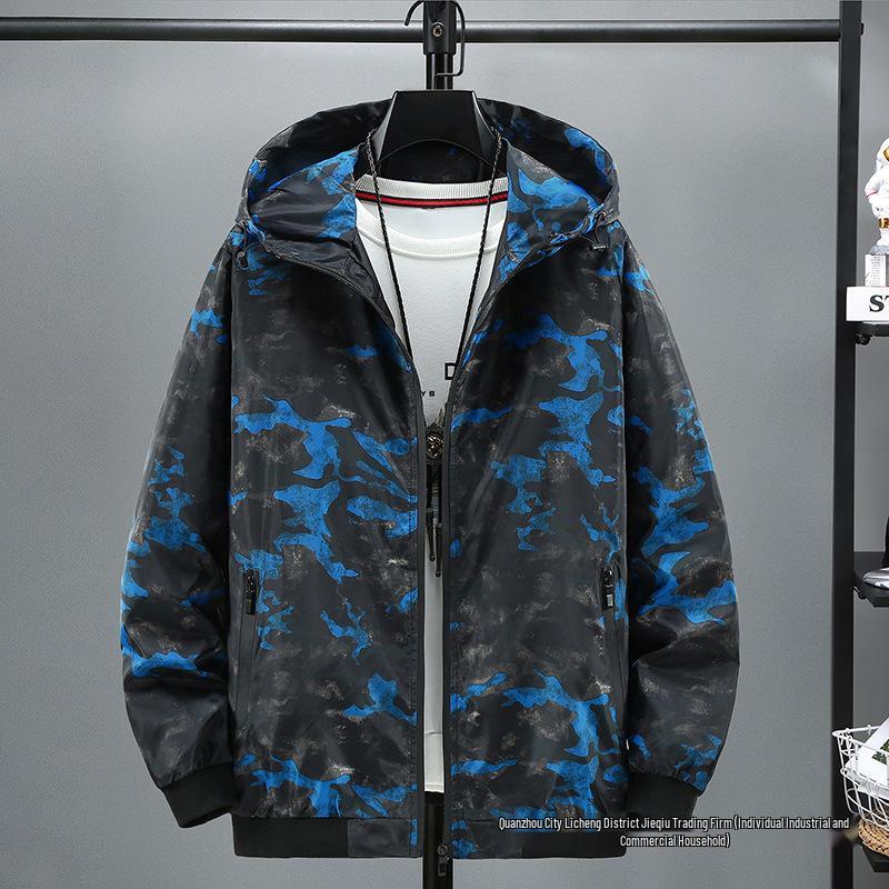 Herren Camouflage Kapuzen-Windbreaker im koreanischen Stil, Lockerer Schnitt, Große Größen, Frühjahrsmode.