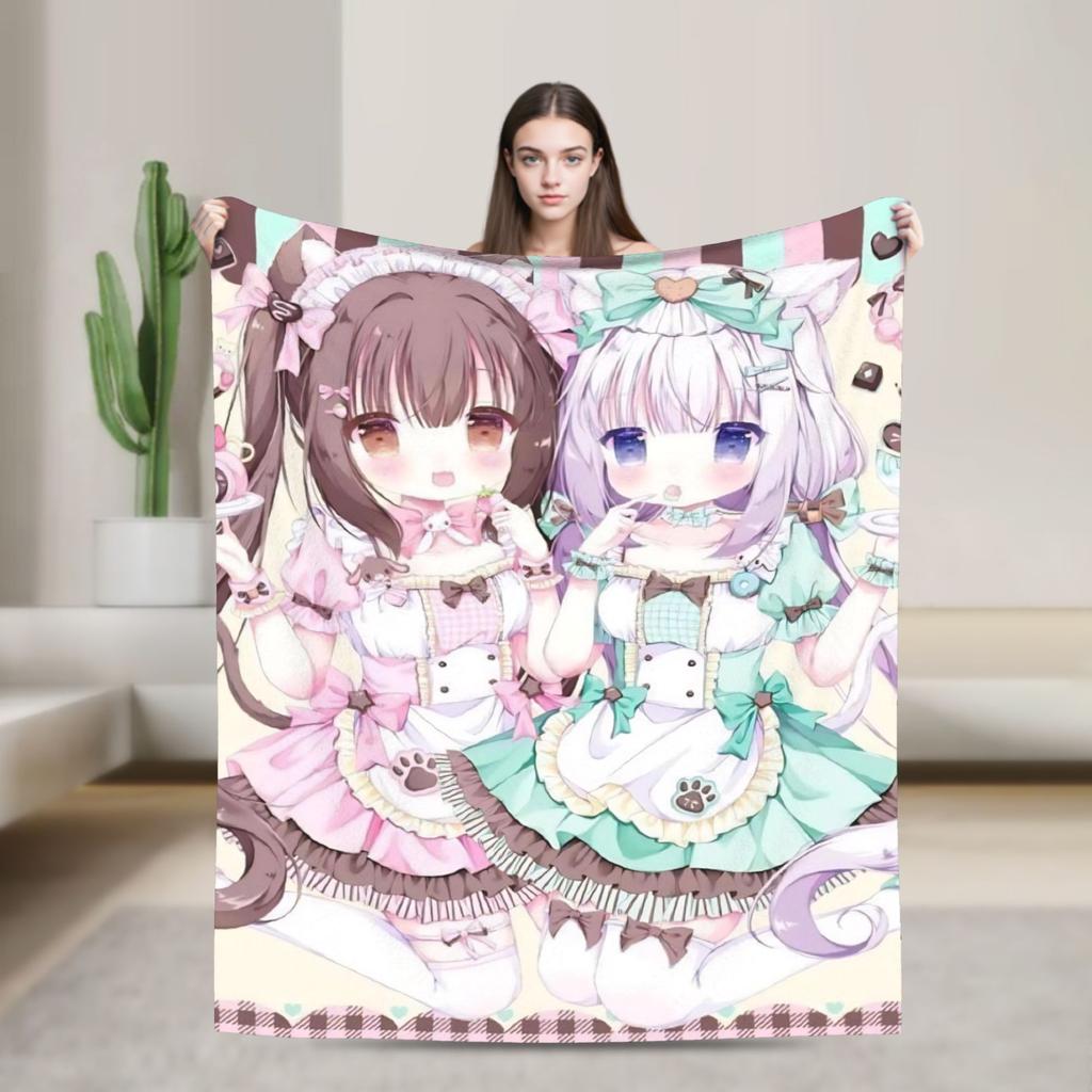 Kawaii Nekopara Anime Catgirls Blankets Fleece  Super Warm Throw Blankets for Outdoor Travel Bedroom Quilt