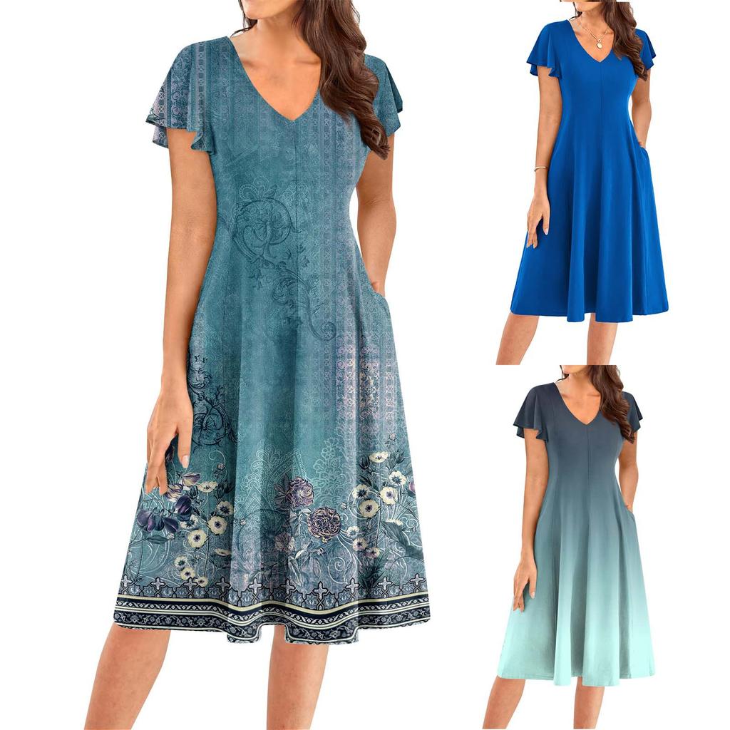 Women's Casual Fashion V-Neck Short Sleeve Midi Dress Fashionable Wedding Guest Dress