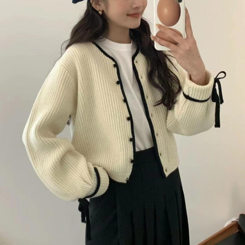 Autumn New Sweet Bow Long Sleeve Casual Sweater Coat Women Winter Solid V Neck Knitted Cardigan Sweaters Women Elegant Slim Knitwear Cardigans 25232