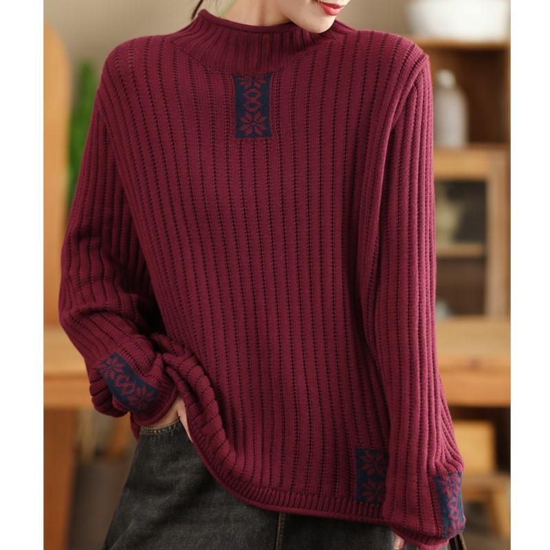 

Johnature Женский Зимний Нишевый Винтажный Свитер с Принтом Под Горло Длинные Рукава в Китайском Стиле Однотонный Свитер One Size красный