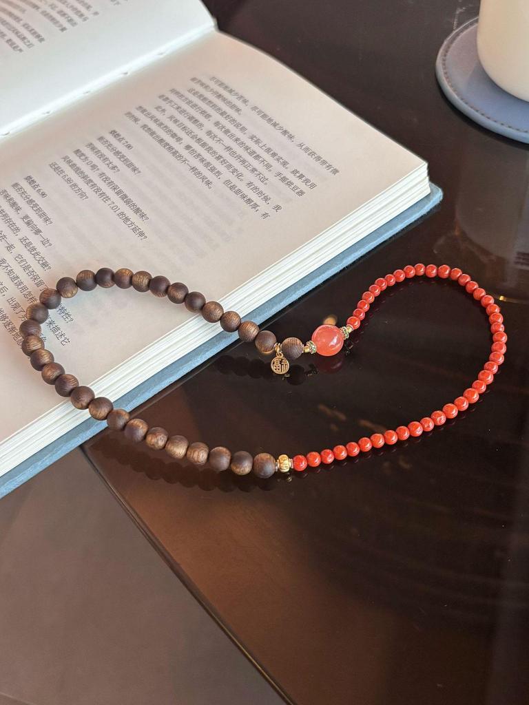 Natural Agarwood Double Circle Bracelet with Nan Hong Color Contrast - Supports Customization