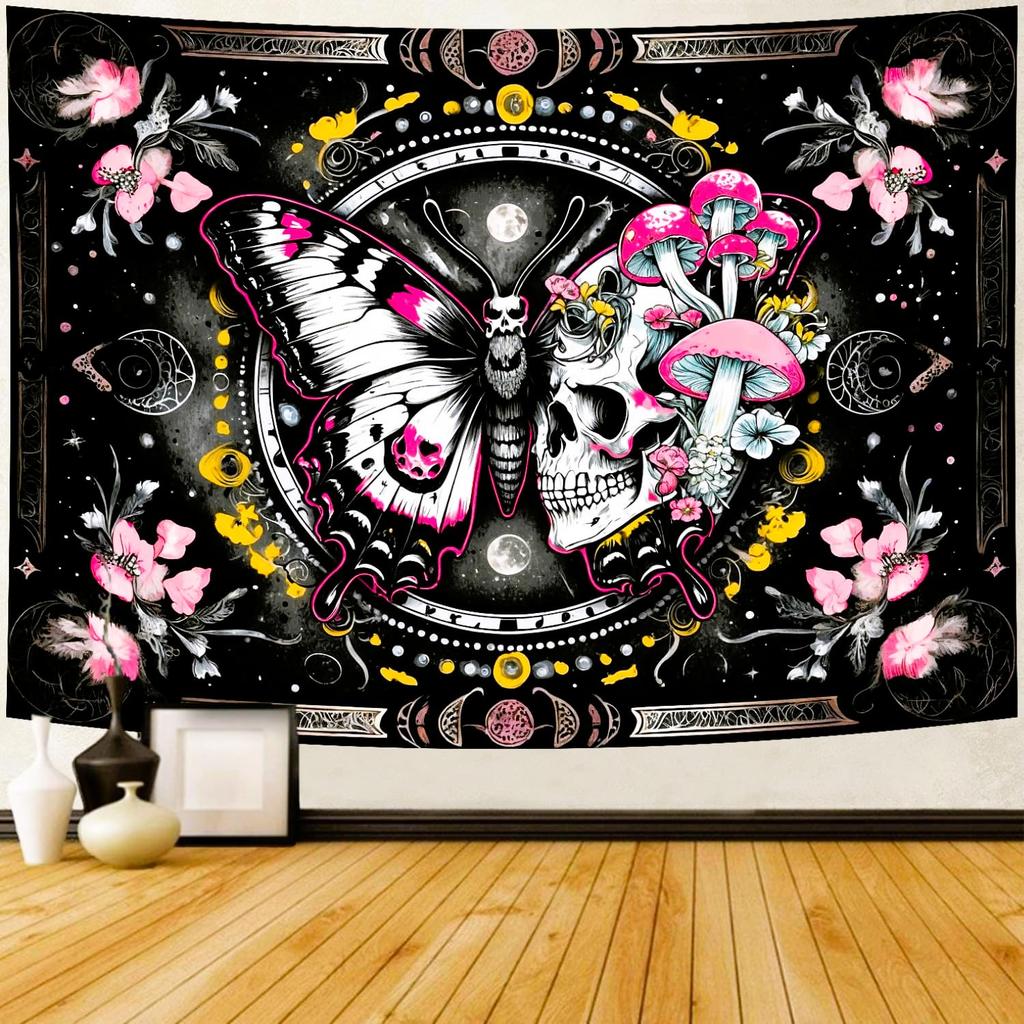 Skeleton Butterfly Tapestry Pink Goth Skull Hippie Mushroom Plants Floral Boho Tapestry Fantasy Abstract Moon Phase Flower