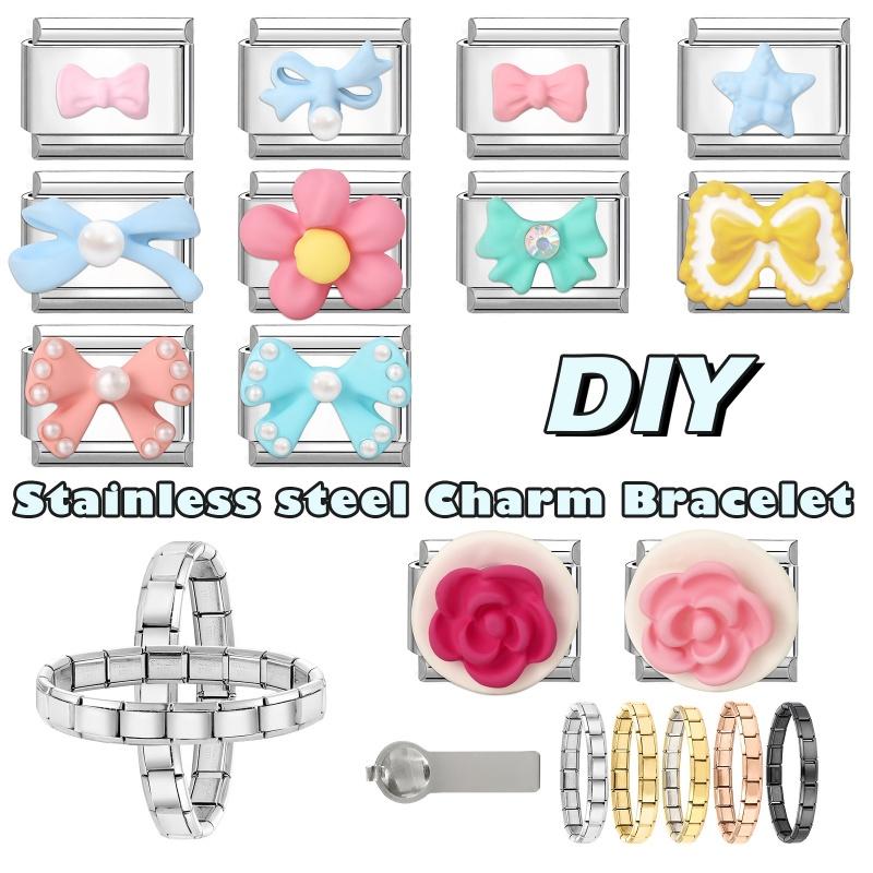 Fashion Colorful Bow Series Charm Bracelet Rose Flower Heart Cherry Y2K Bead Fit 9mm Bracelet Stainless Steel DIY Jewelry Gift