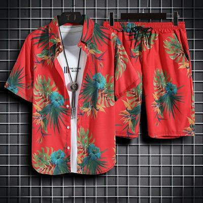 Hawaiian Beach Flower Shirt Men's Hong Kong Style Retro Style Short Sleeved Shirt Set Casual Two-piece Set