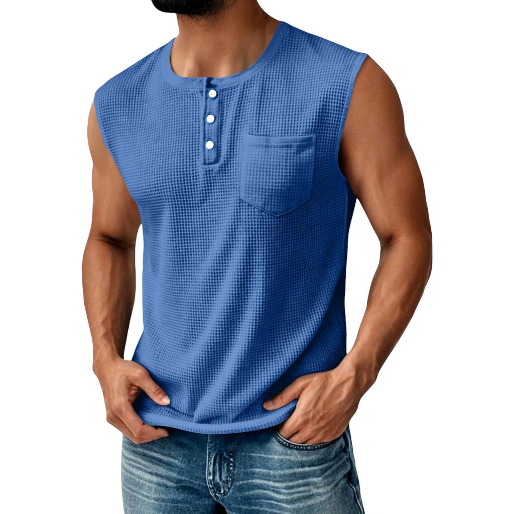Canotta Henley da uomo in maglia senza maniche con taschino sul petto e chiusura a bottoni, vestibilità casual atletica per l'uso quotidiano
