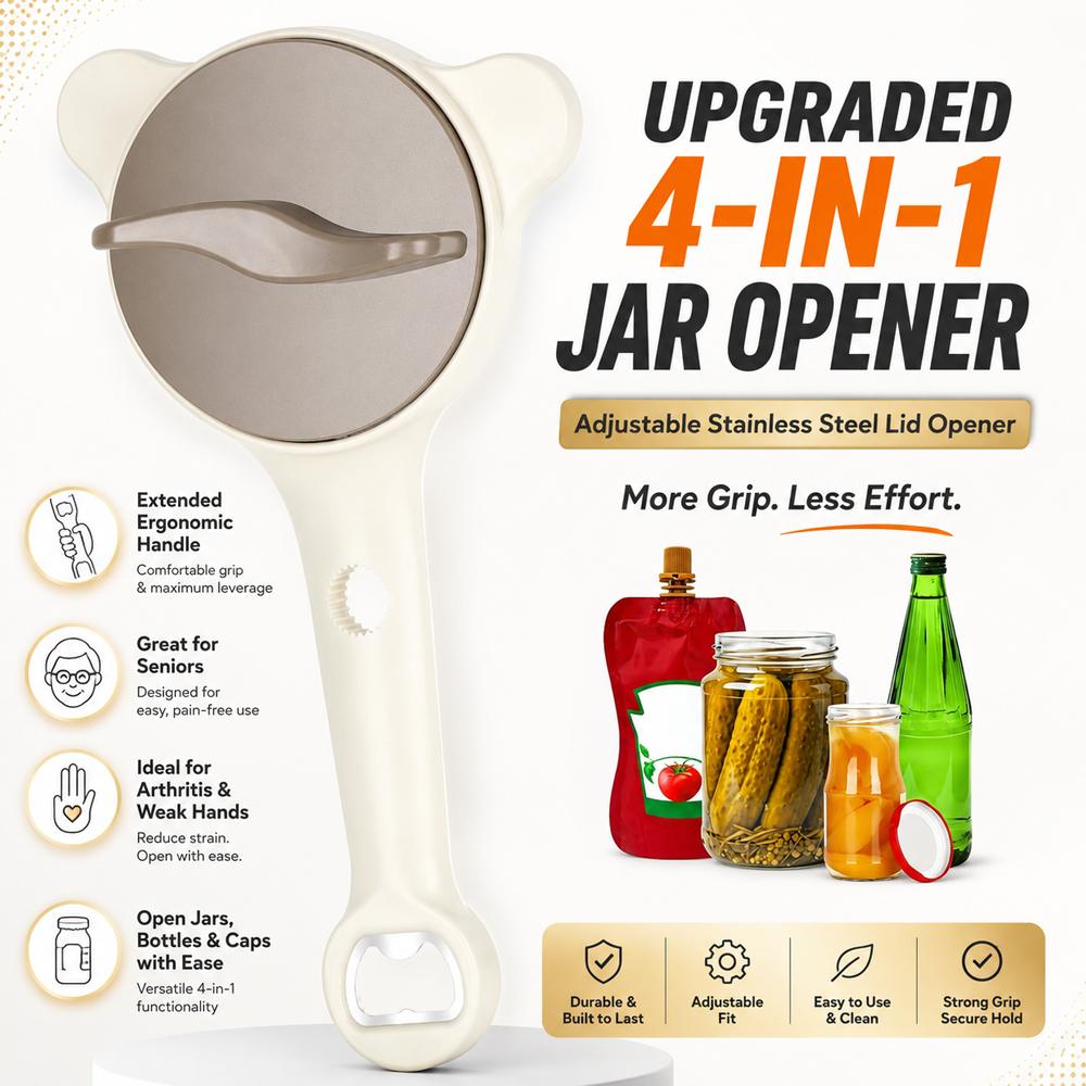 Jar Opener for Seniors, 4-in-1 Adjustable Lid Opener with Non-Slip Grip, Includes Magnetic Hook & Rubber Gripper