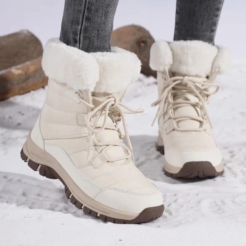 Women Winter Snow Boots Plush Lace Up Mid Calf Boots Thick Sole Warm Cotton Shoes Outdoor Hiking Sneakers Non Slip