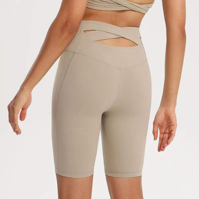 

Women Beige Criss Cross Waist Cut Out Biker Shorts S хаки