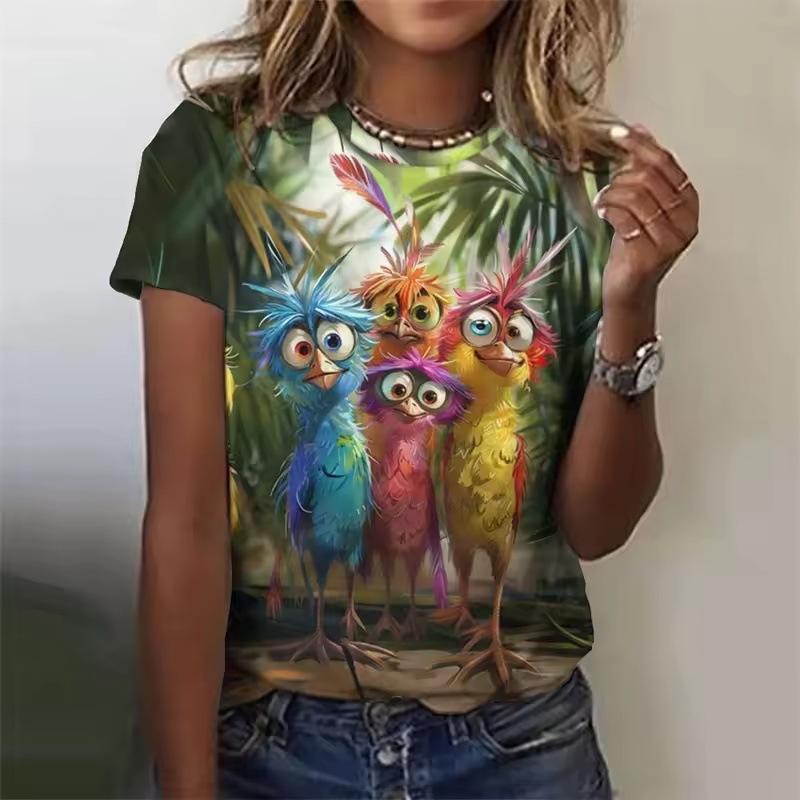 Summer Fashion Round Neck Short Sleeved Top with Cute Chicken Pattern Printed Women’s T-shirts