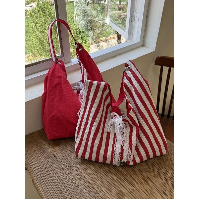 

Stripe Canvas Bag Women Summer 2025 New Niche Letters Double-sided Shoulder Bag Student Class Tote Big Bag Red