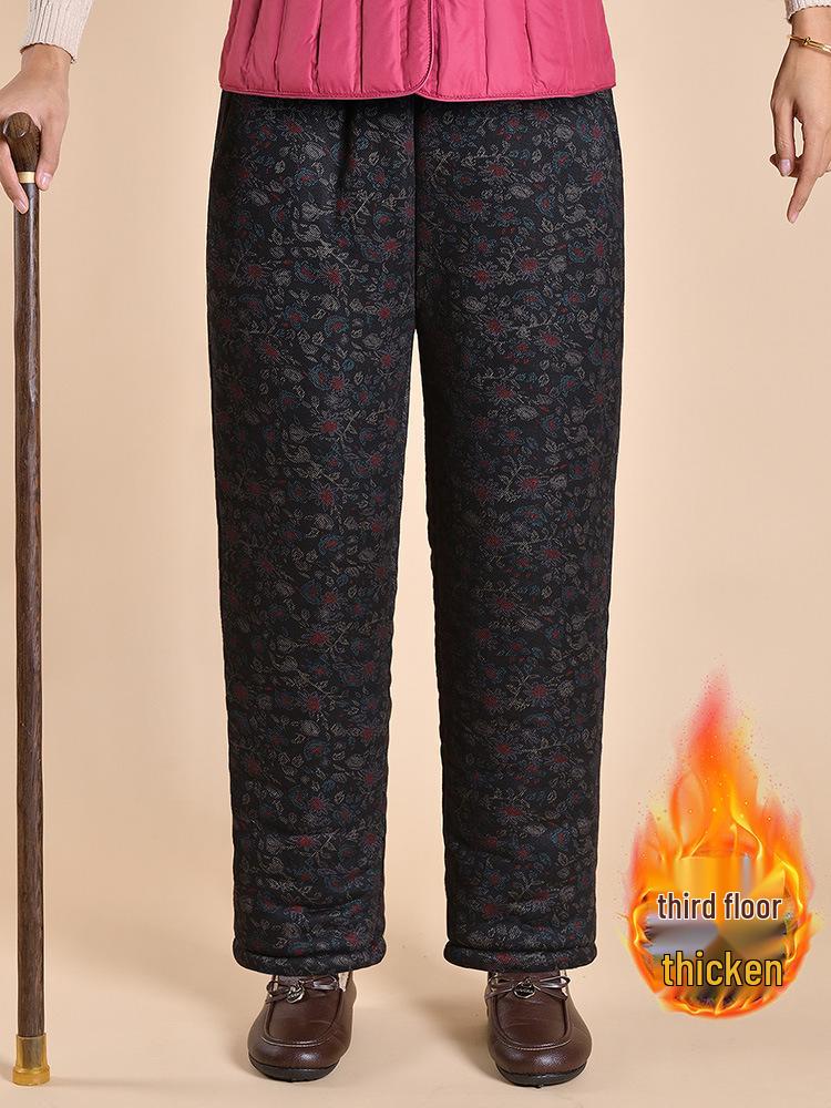 Grandma's Warm Cotton Fleece Pants: Cozy, Loose-Fitting Floral Design for Middle-Aged and Elderly, Ideal for Autumn and Winter Wear.