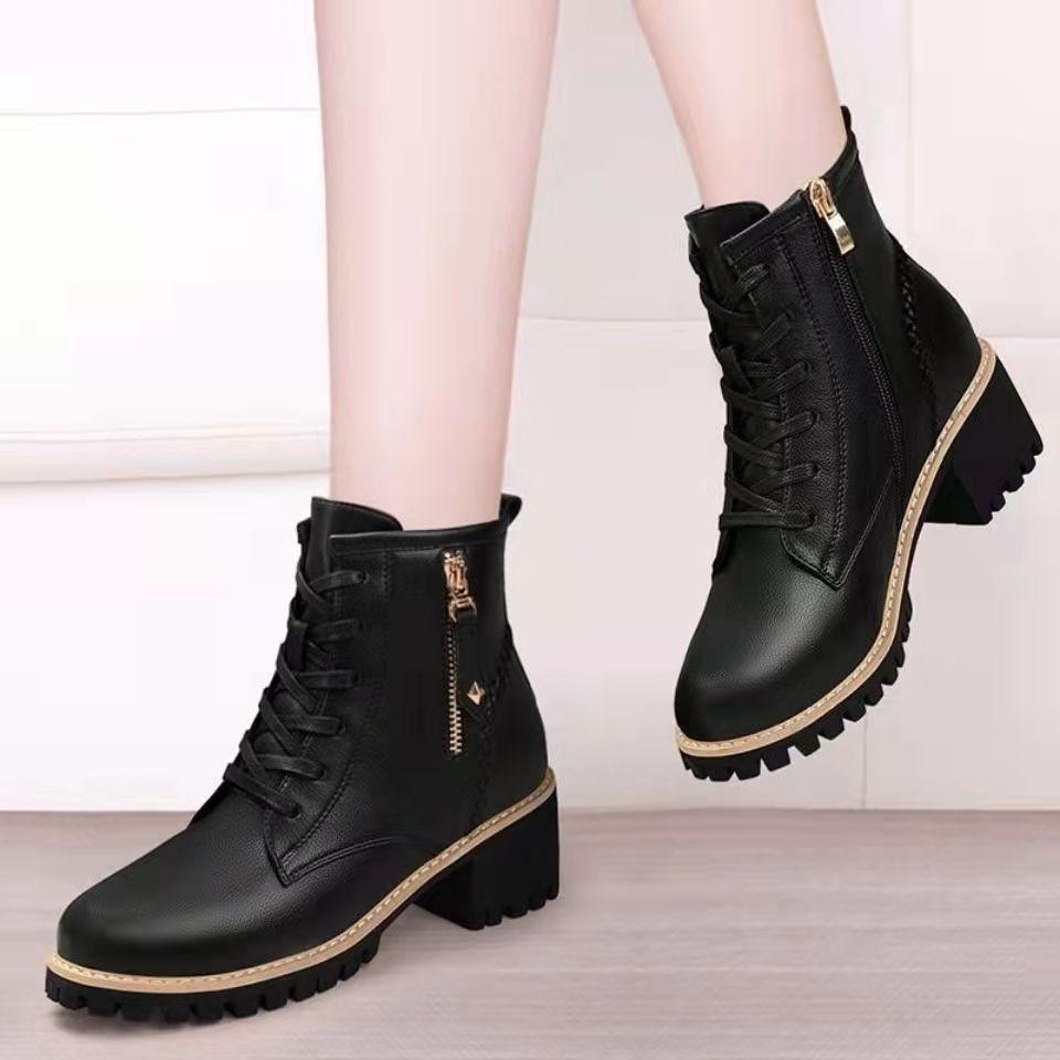 Damenschuhe mit Absatz Stiefel Knöchel Herbst Britischer Stil Leder Dickes Fell Damen Kurze Stiefel Winterschuhe