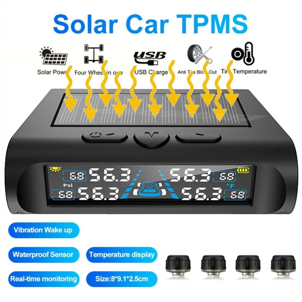 Solar Tire Pressure Monitoring System with LED Display, Real-Time 4-Wheel Temperature and Pressure, External Sensors, Dual Charging (Solar/USB)