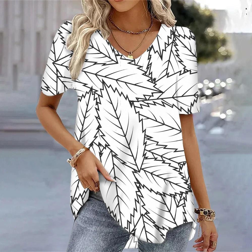 Letné V-výstrih Krátky rukáv Tričká 3D Kvetinová potlač Voľné Bežné Tričká Cool Denné Streetwear Blúzka Pre Dámy S-8XL