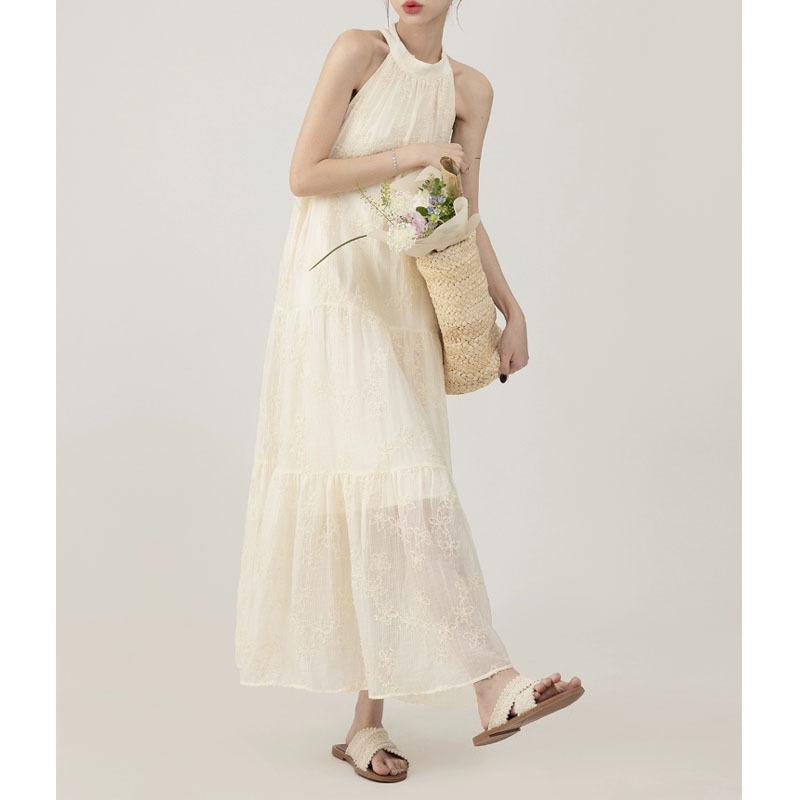 Flower Pattern Round Neck Suspenders Loose Long Skirt Dress Summer Dress Beach Vacation Casual Dresses