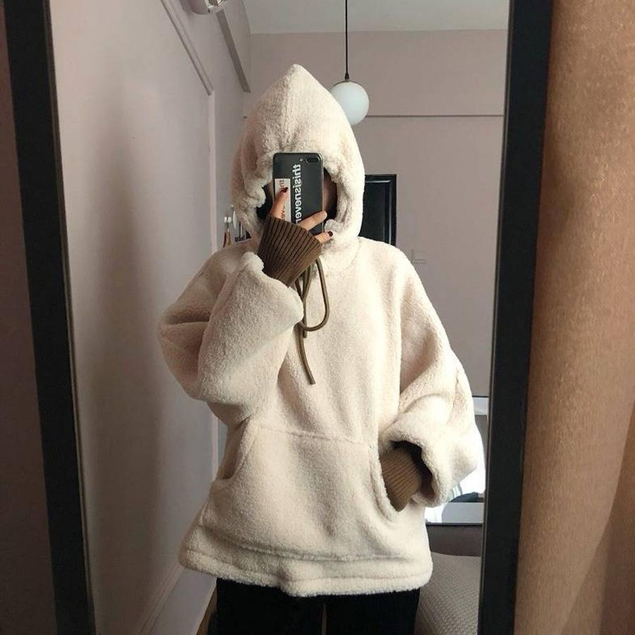 Fleece Letter Print Hoodie Sweatshirt for Women Autumn Winter New Style Loose Korean Style Student Top Coat