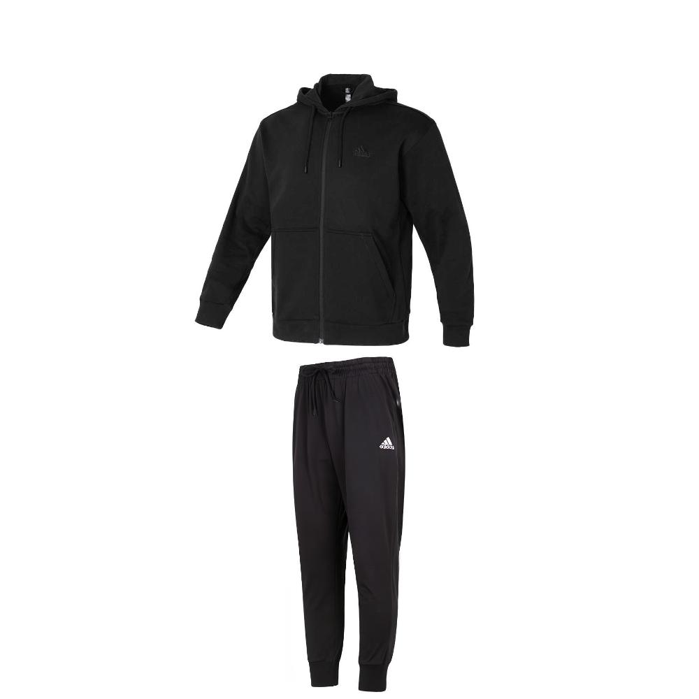 

Adidas Hooded Solid Color Zipper Long Sleeve Jacket With Drawstring Breathable Long Pants Casual Sports Suit Men suit Black IT3963+IC9417 L