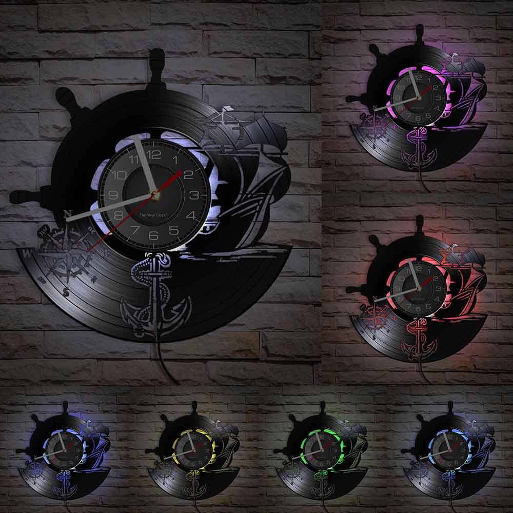 Anchor Ship Navy Compass Vinyl Record Wall Clock Retro Home Wall Decoration Navigation Ship Rudder Art Wall Clock Sailor Gift
