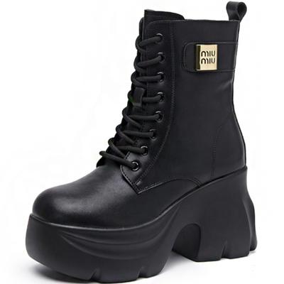9cm Microfiber Synthetic Women Thick Soled Chunky Heels Platform Booties ZIP Ankle Motorcycle Autumn Ankle Spring Shoes 34-39