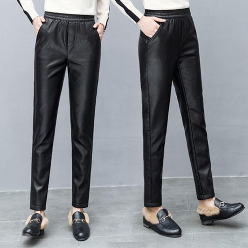 

Искусственная кожа, плюшевые, утолщенные, с высокой талией, эластичные, корейского размера, брюки из искусственной кожи, женские модные брюки, женская одежда M чёрный