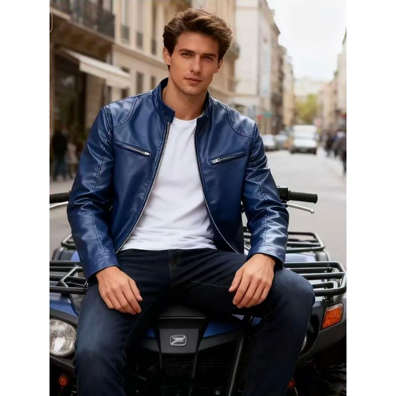 Herren Blaue Bikerjacke mit Stehkragen aus Kunstleder