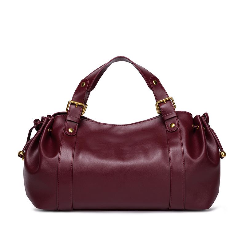 

Brand Drawstring Bucket Bag Women Large Capacity Leather Shoulder Bag With Metal Accent Tote Bag Versatile Daily Commute Handbag бордовий