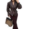 2024 Autumn/Winter Cross-border Fashion Lapel Tie Long Sleeve Leather Jacket