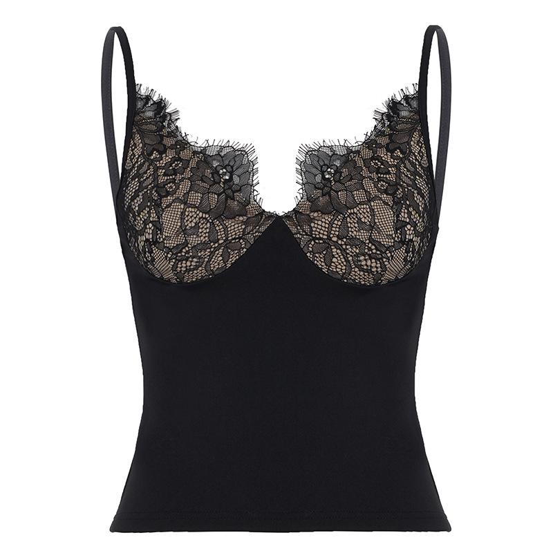 European & American Sexy Lace Camisole - Slim-Fit Solid Color Top Large