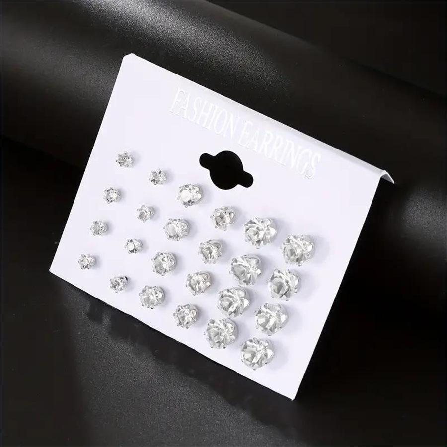 Geometric Six-Prong Crystal Zircon & Retro Pearl Stud Earring Set (12 Pairs)