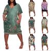 Summer Plus Size V Neck Short Sleeve Knee Pocket Print Casual Dress For Women
