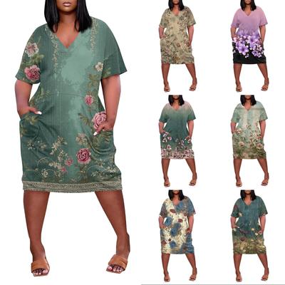 Summer Plus Size V Neck Short Sleeve Knee Pocket Print Casual Dress For Women