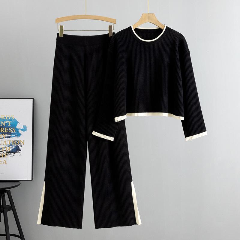 

2026 Autumn Women s Knit Two-Piece Set: Short Sweater & Wide-Leg Pants One Size чёрный