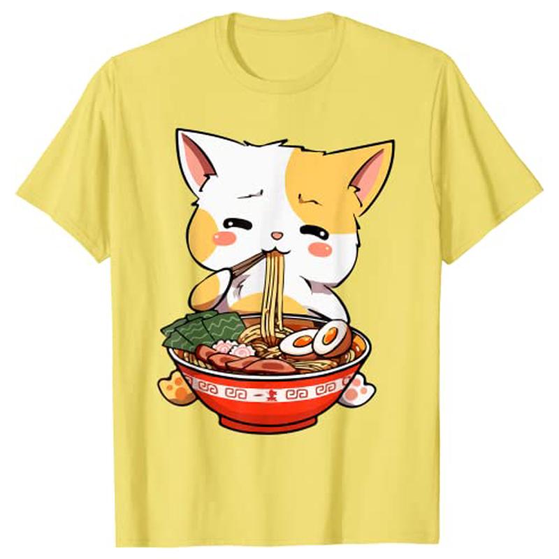 RaUnisex Cat Kawaii Anime Japanese Food Girls Official Teenager TShirt Harajuku Graphic Tee Tops Kitten Eat Noodles Novelty Gift