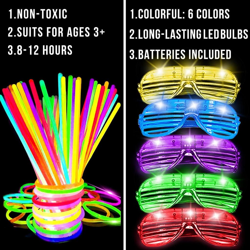 125 Pack Glow in the Dark Party Supplies for Kids Adults,Light Up Party Favors with 25 LED Glow Glasses Sunglasses,100 Glow Sticks Bulk Glow