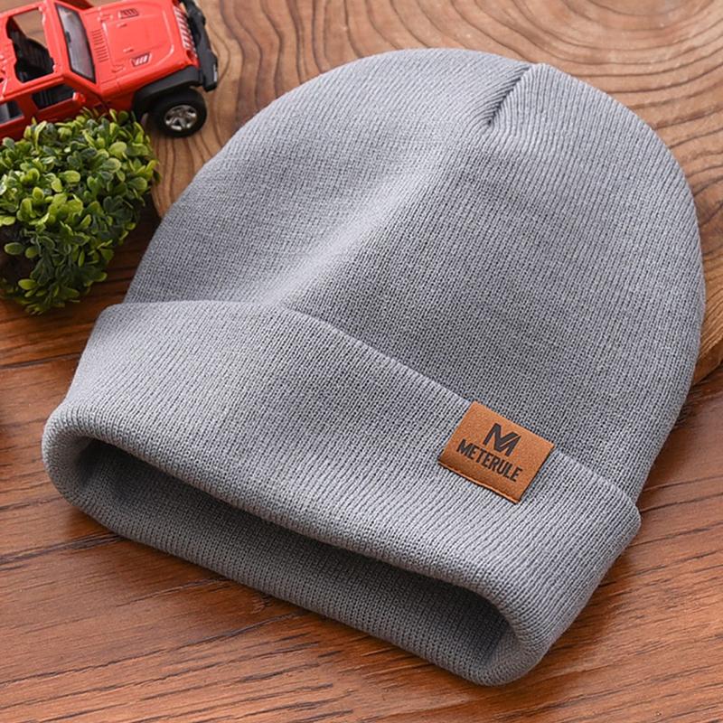 Outdoor Letter Leather Label Unisex Knitted Hat Women Custom Logo Cuffed Beanie Hats Men Winter Warm Cycling Skullies Ski Cap
