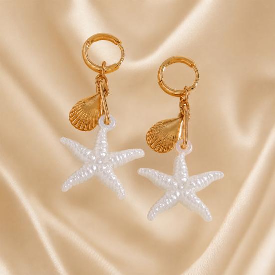 1 Pair Women Earrings, Starfish Shell Charm Long Tassel Earrings, Imitation Pearl Texture Ear Buckle Design Leverback Earrings for Summer Jewelry Gift