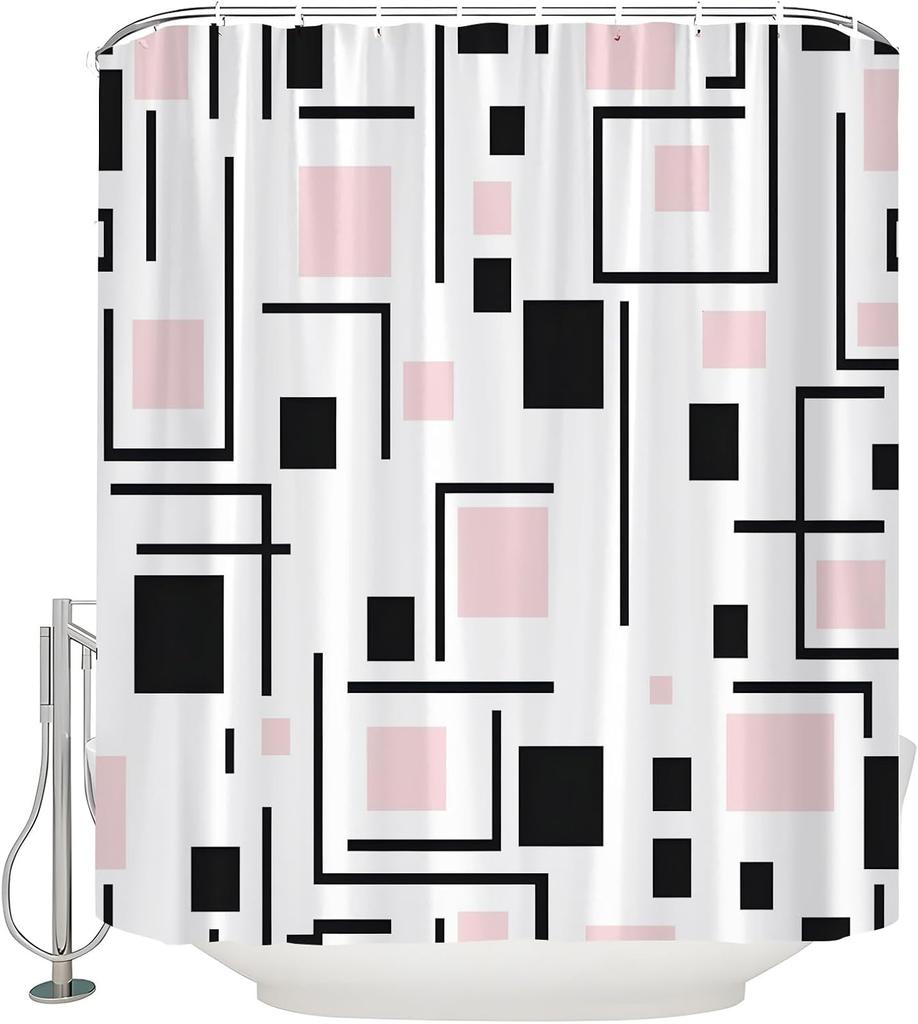 Green Shower Curtain Modern Black and White Abstract Geometric Stripe Rectangular Minimalist Art Aesthetic Bath Curtain