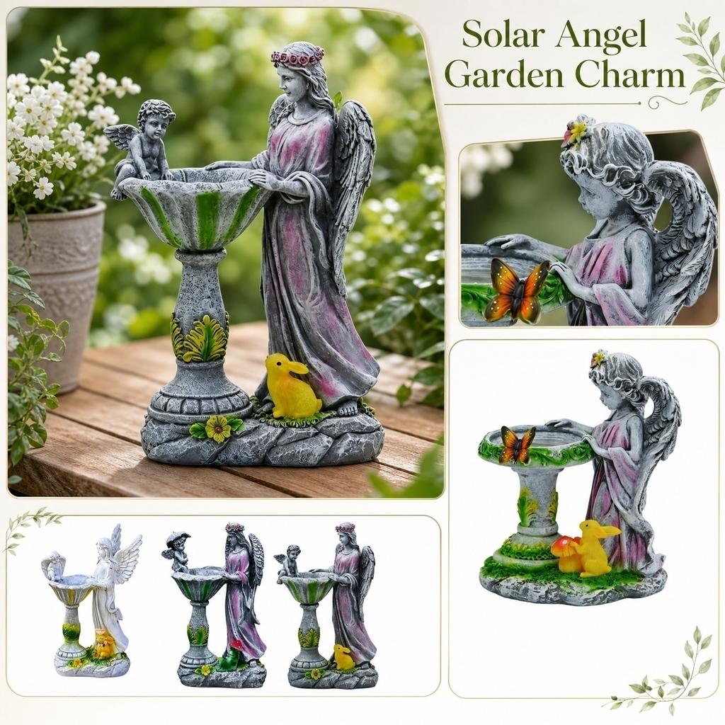 Solar Resin Angel Statue with LED Light Fairy Garden Pond Decoration for Outdoor Patio Yard Fountain Sculpture