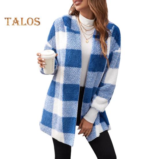 

Зимний свитер, пальто с принтом в клетку, с капюшоном, толстый ветрозащитный кардиган с открытой строчкой, верхняя одежда, куртка средней длины из плюша для школьных путешествий XL небесно-голубой