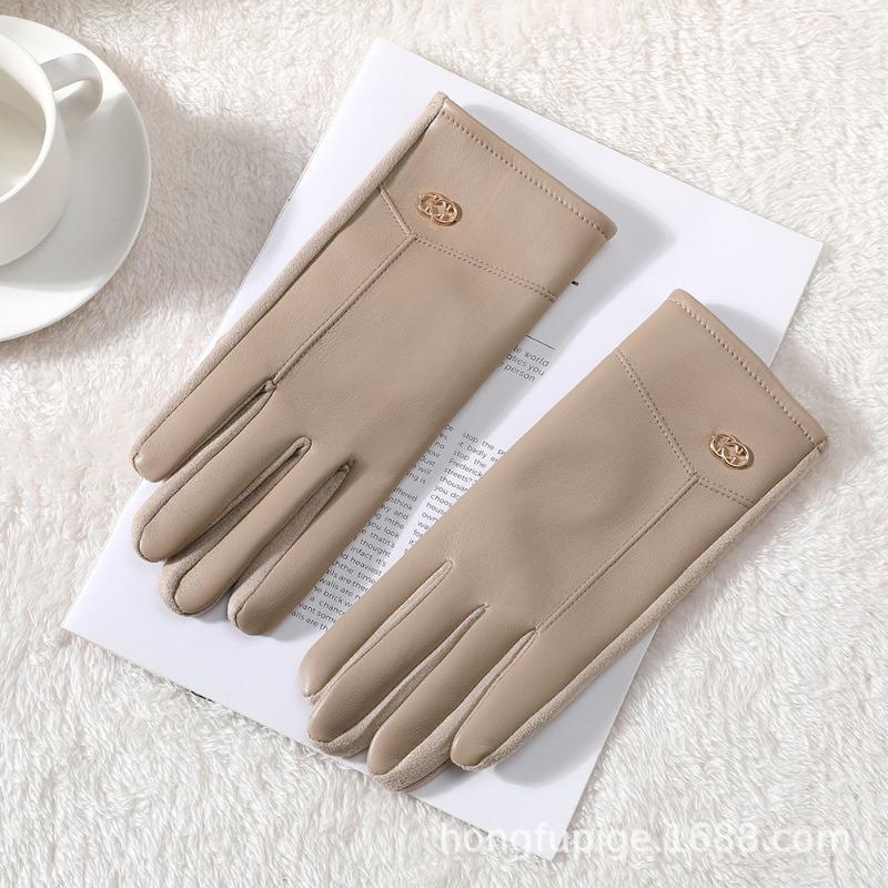 Warm leather gloves women cute velvet winter thickened outdoor riding windproof and cold driving touch screen gloves